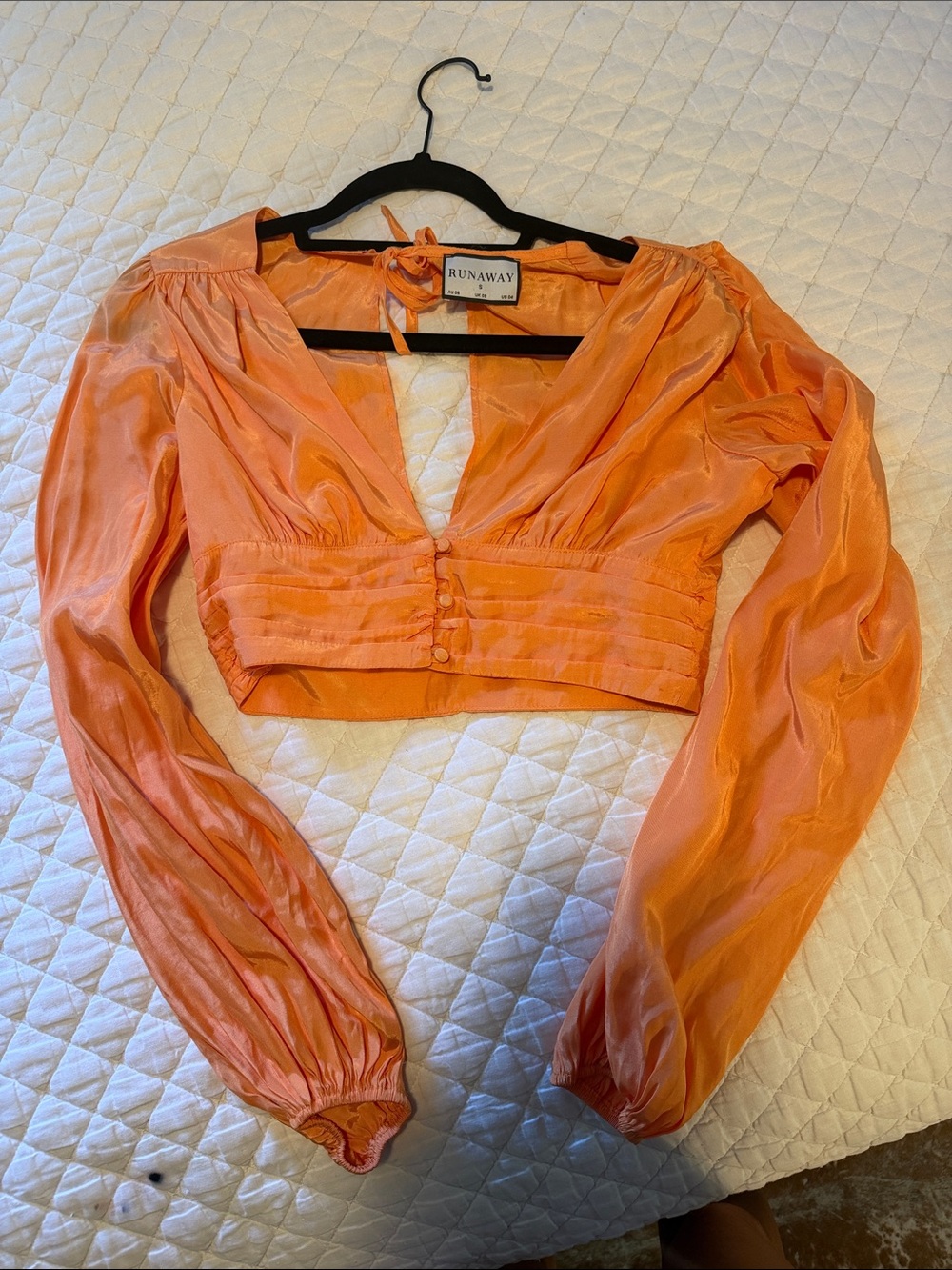 Runaway Orange Satin V-Neck Long Sleeve Crop Top